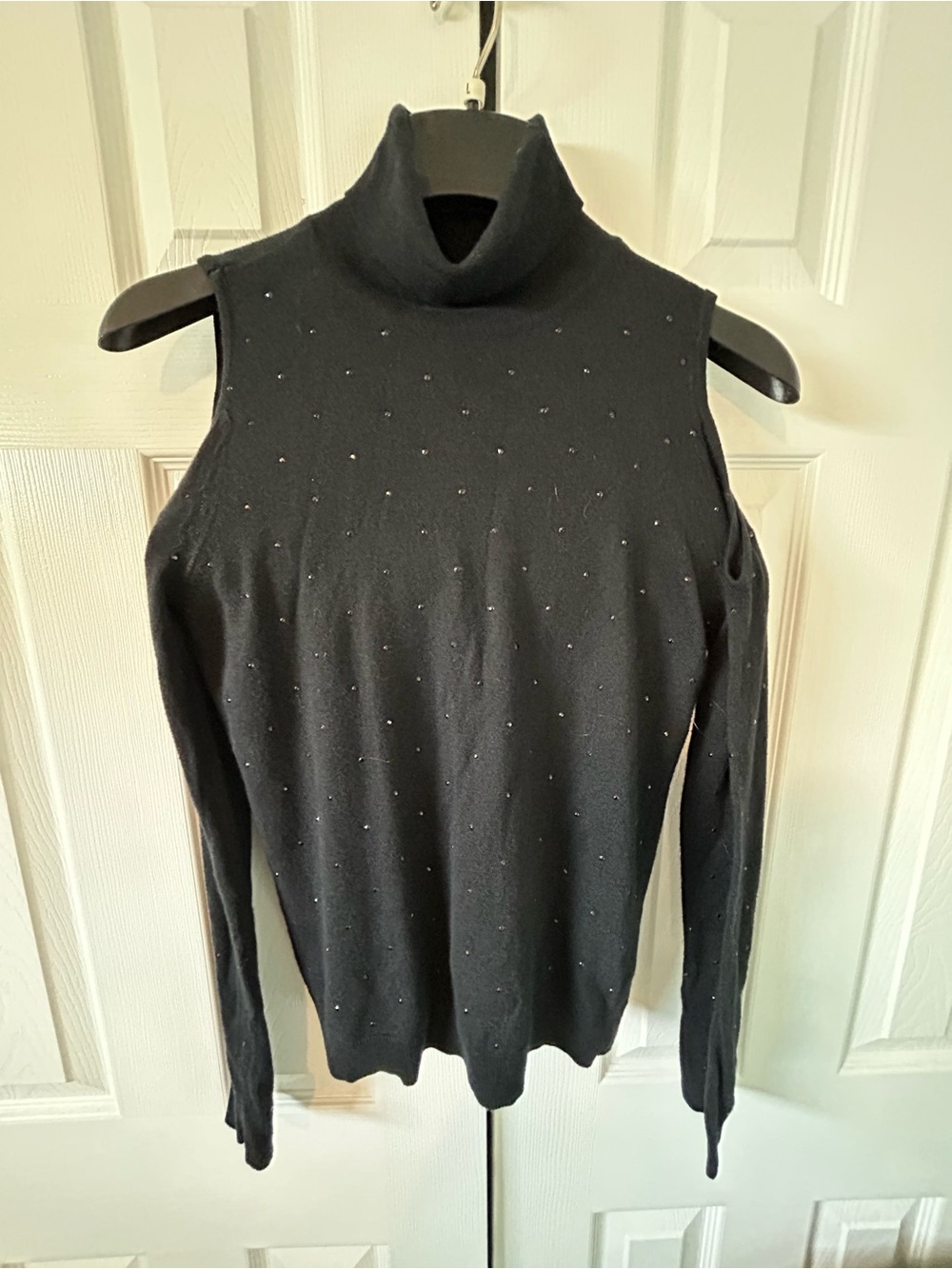 Jennifer Lopez Black Cold-Shoulder Turtleneck Sweater with Sparkle